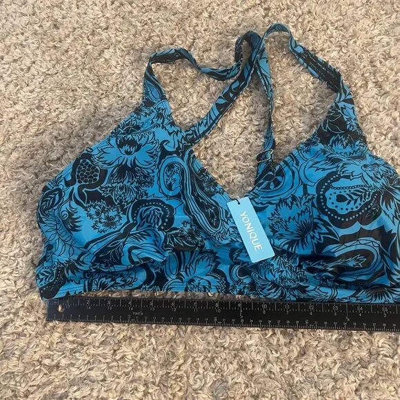 Yonique Plus Size Bikini 18W Blue Floral Halter High Waist Tummy Control NWT - Picture 7 of 15